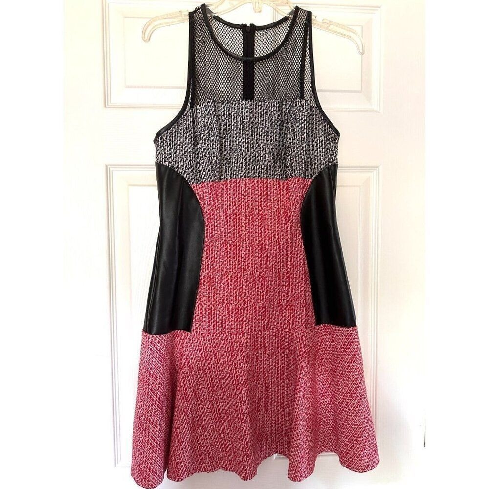 Sachin & Babi Dress‎ Sleeveless Red Black Tweed Mesh Size 8 Vegan Leather Grunge